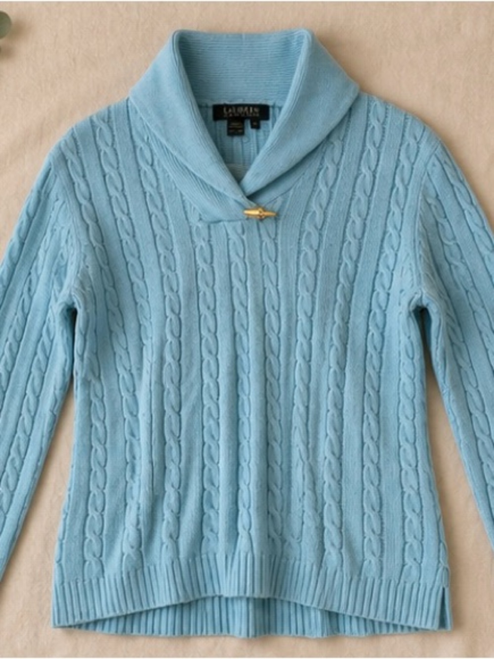 Vintage Ralph Lauren Light Blue Cable-Knit Shawl Collar Sweater with Gold Pin